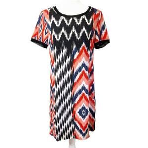 Jones New York Women's Shift Dress 10 Ikat Chevron Stripe Illusion Short Sleeve